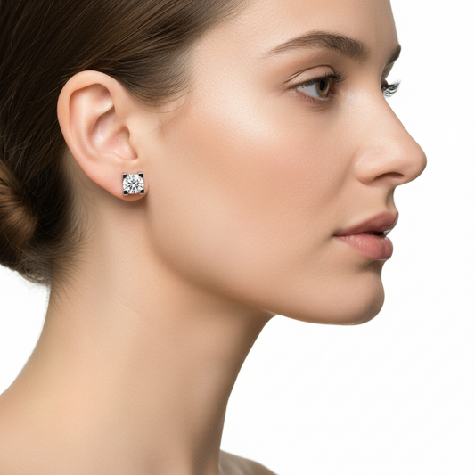 Square-Set Solitaire Diamond Stud Earrings