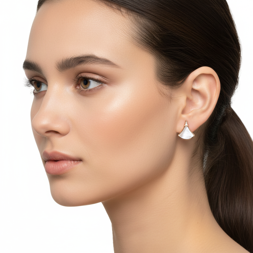 White Mother-of-Pearl Diamond Fan-Shaped Stud Earrings