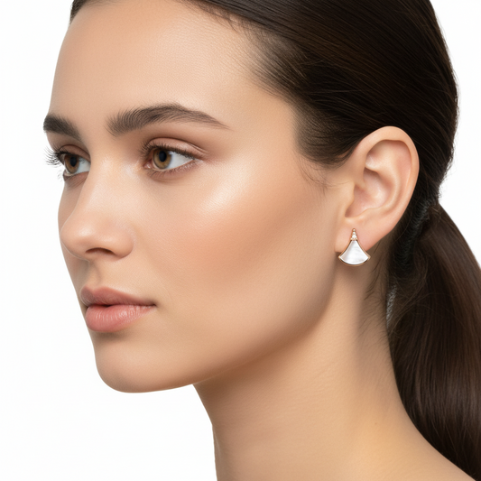 White Mother-of-Pearl Diamond Fan-Shaped Stud Earrings