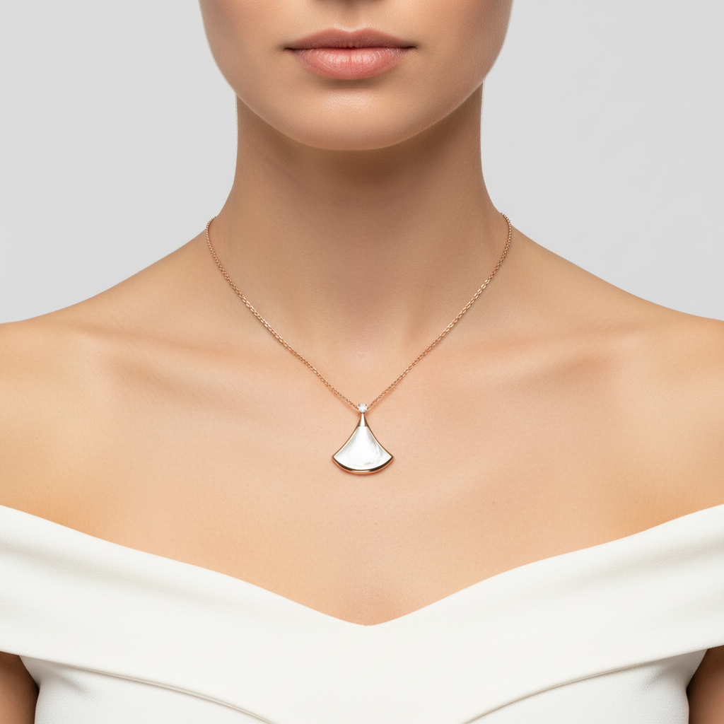 White Mother-of-Pearl Diamond Fan-Shaped Necklace