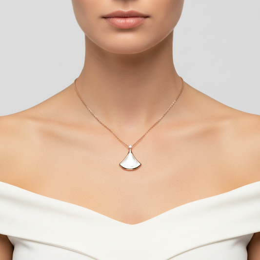 White Mother-of-Pearl Diamond Fan-Shaped Necklace